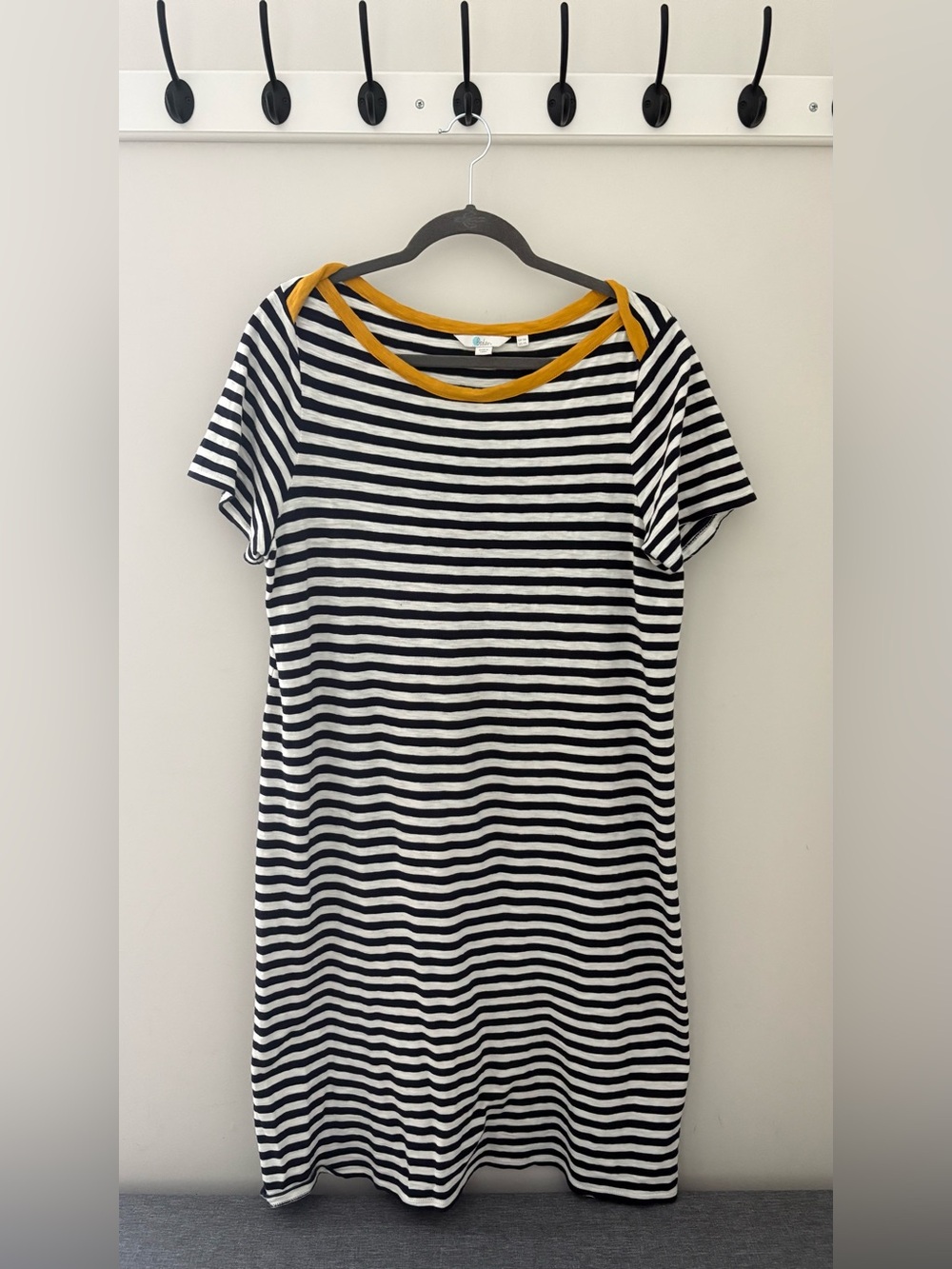 Boden Navy and White Striped Midi Dress with Mustard Neck Trim